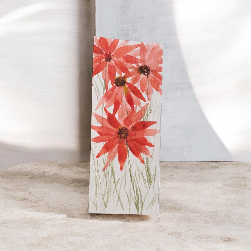 Floral Watercolor Art with Red Flowers 3.5 X 9in.